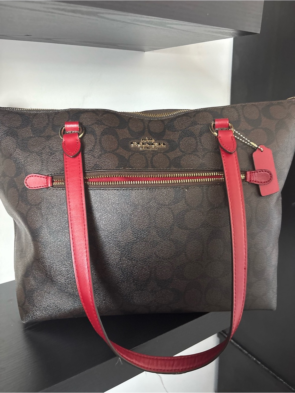 Coach Brown Signature Canvas Tote with Red Leather Straps
